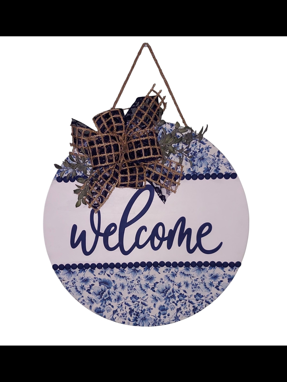 Handcrafted Round Blue Floral Welcome Sign